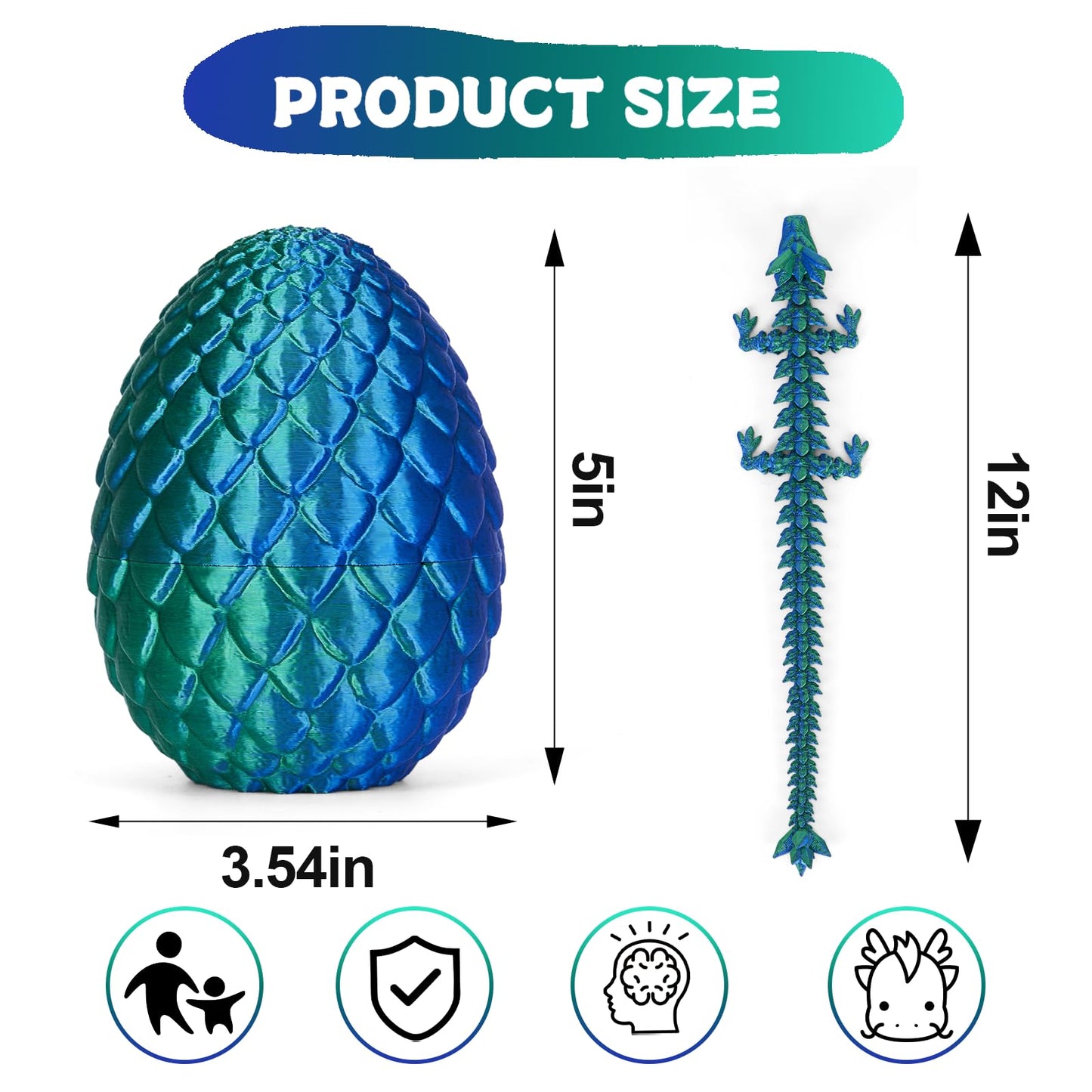 3D Printed Crystal Dragon Egg Toy – Articulated Fidget Dragon for Kids, Boys & Girls, Cool 3D Printer Dinosaur Egg Gift (A-Laser Green + Egg)