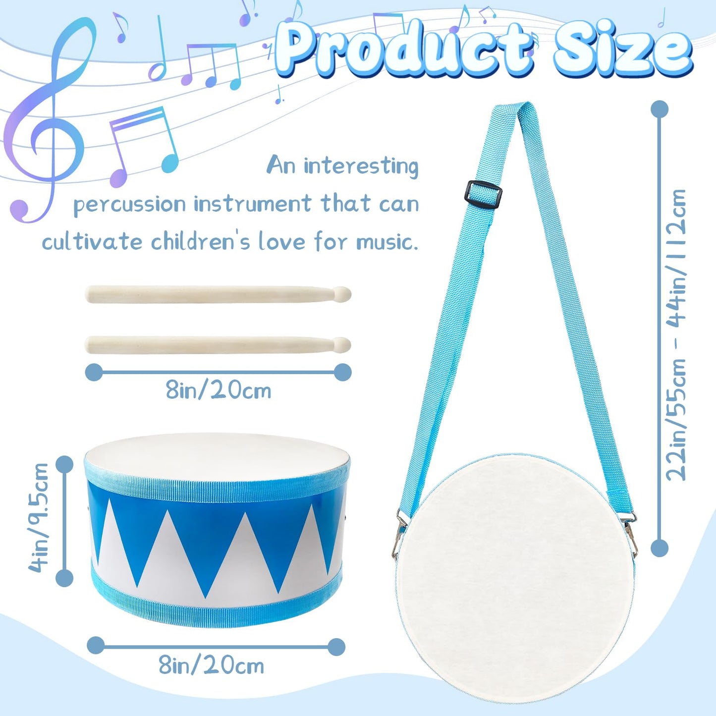Kids 8" Wooden Drum Set with Adjustable Strap & 2 Drumsticks – Educational Musical Toy for Toddlers, Boys & Girls, Sensory Fun