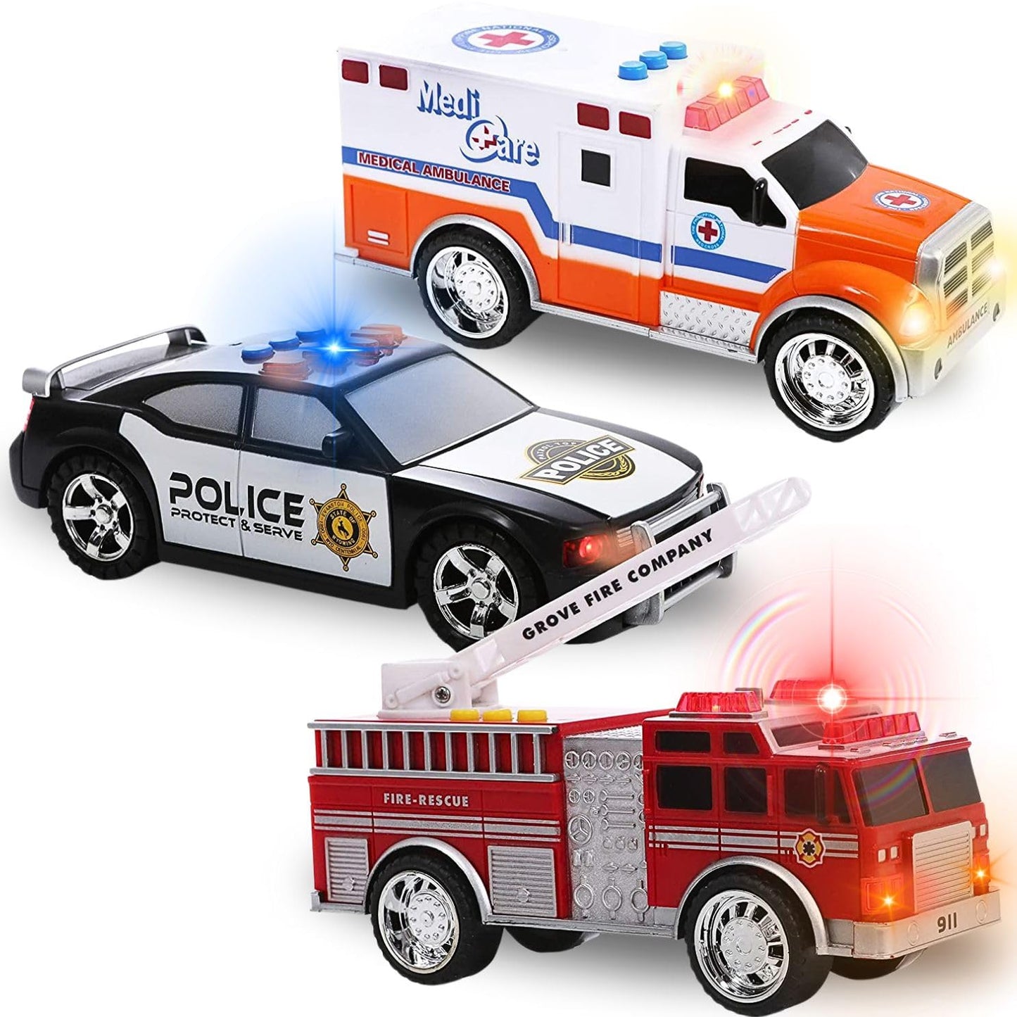 Liberty Imports 3-in-1 True Hero Rescue Vehicles Playset for Kids – Ambulance, Fire Truck & Police Car with LED Lights & Sound Effects
