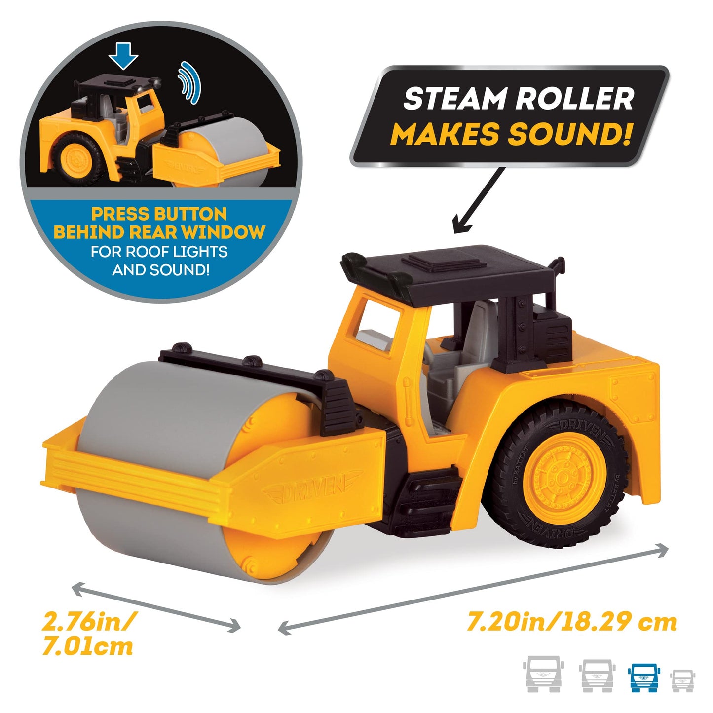 Driven by Battat 7" Steam Roller Toy with Lights & Sounds, Movable Parts, Realistic Construction Vehicle for Kids 3+ – Durable Gift