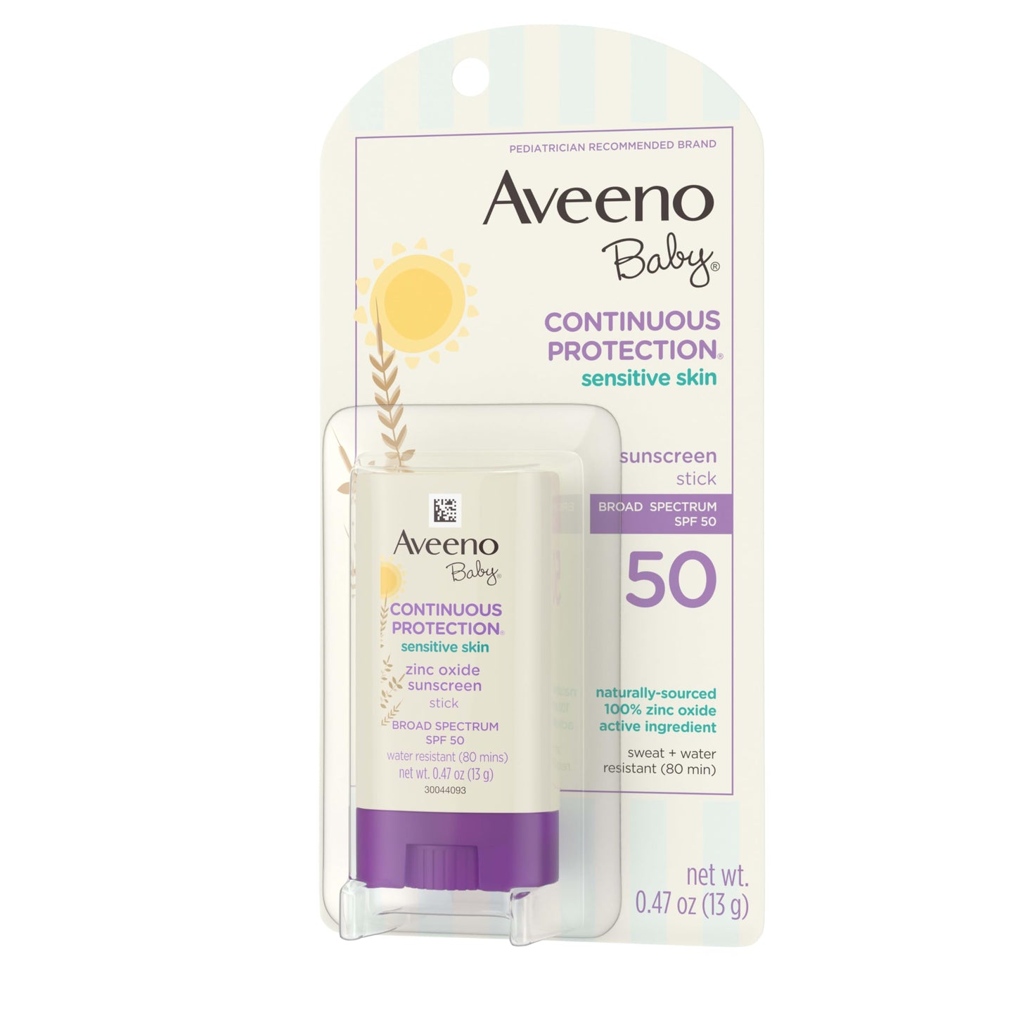 Aveeno Baby Mineral Sunscreen Stick SPF 50 for Sensitive Skin, 100% Zinc Oxide, Broad Spectrum Face & Body Sunblock, Travel Size 0.47 oz