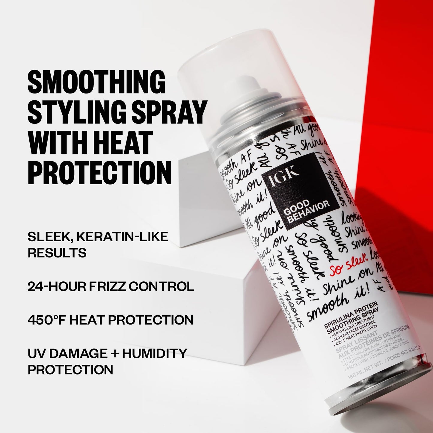 IGK GOOD BEHAVIOR Spirulina Protein Smoothing Spray | Frizz Control + Heat Protectant | Vegan + Cruelty Free | 5.6 Oz