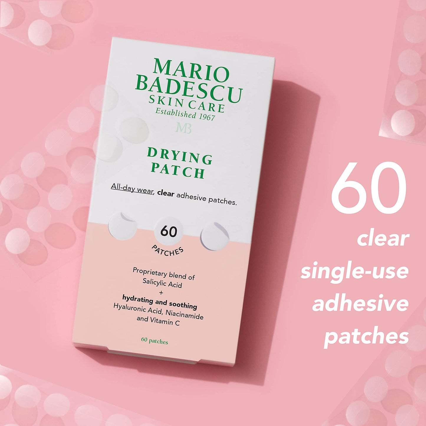 Mario Badescu Drying Patch Blemish Cover, Invisible Spot Treatment with Vitamin C, Strong Hold, Vegan & Cruelty-Free, 60 Clear Patches