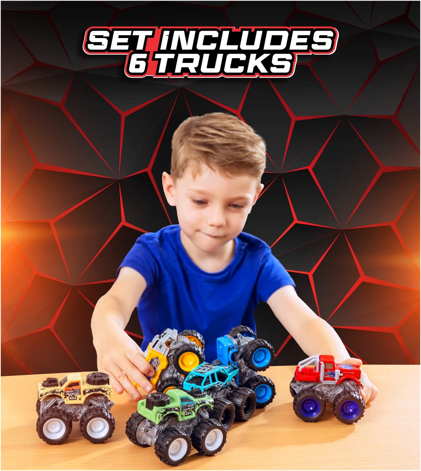 Team Power Monster Trucks 6-Pack – Friction Powered 4WD Toy Cars for Boys & Girls, Giant Wheels, 360° Stunts, Ages 3+ [Amazon Exclusive]