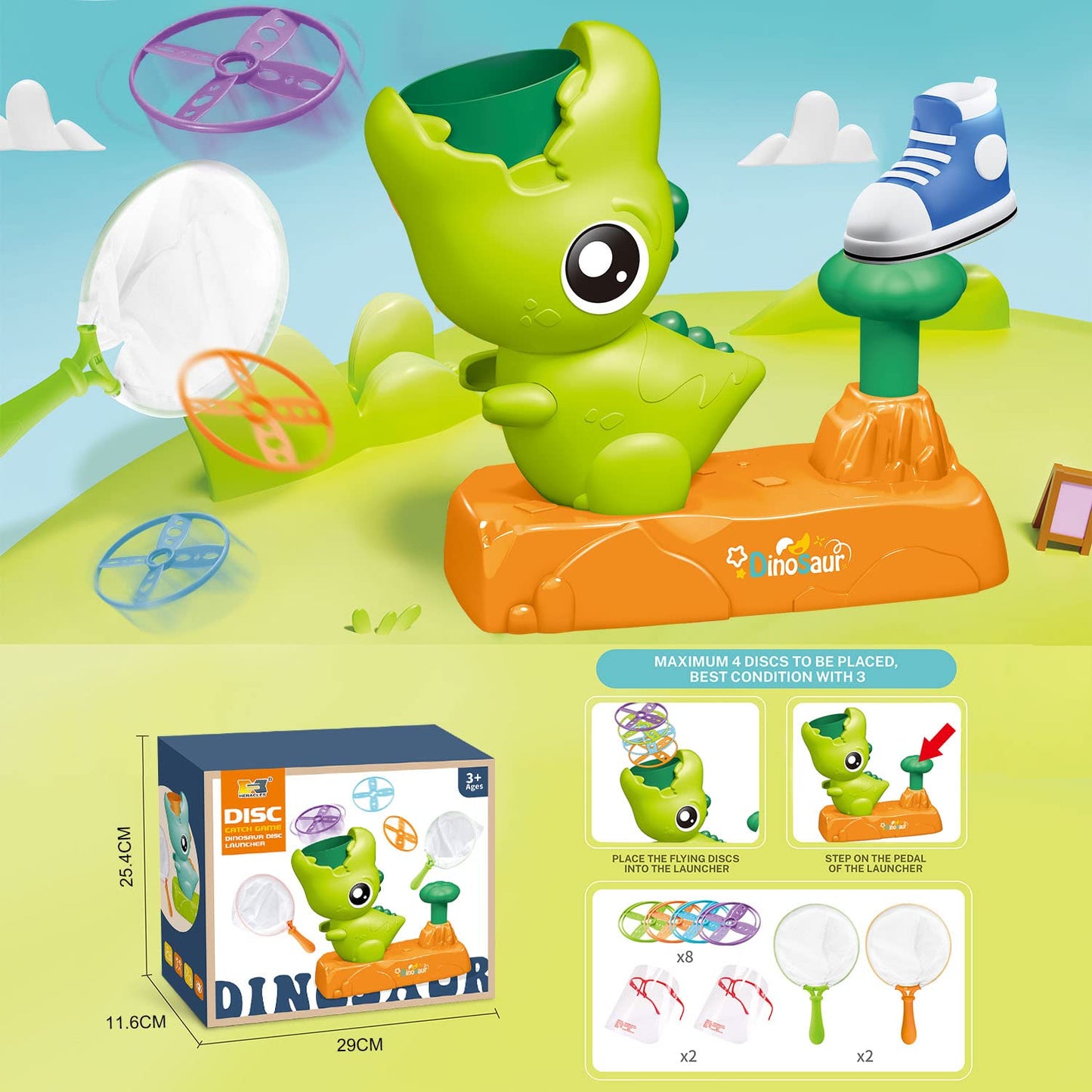 XINHOME Outdoor Flying Disc Launcher Toys for Kids 3 4 5 6 7 8 Year Old Boys Girls Dinosaur Stomp Rocket for Toddlers Backyard Toys