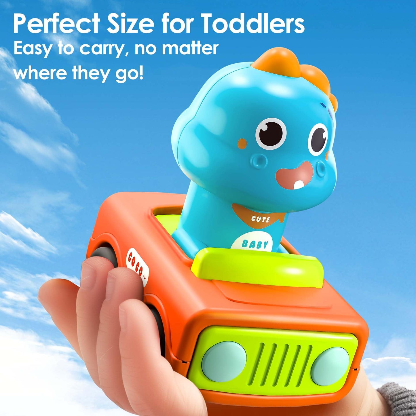 iPlay iLearn Press-to-Go Toddler Car Toy Set – Animal & Dino Push Go Vehicles for 6-18 Months, 1st Birthday Gift for Boys & Girls