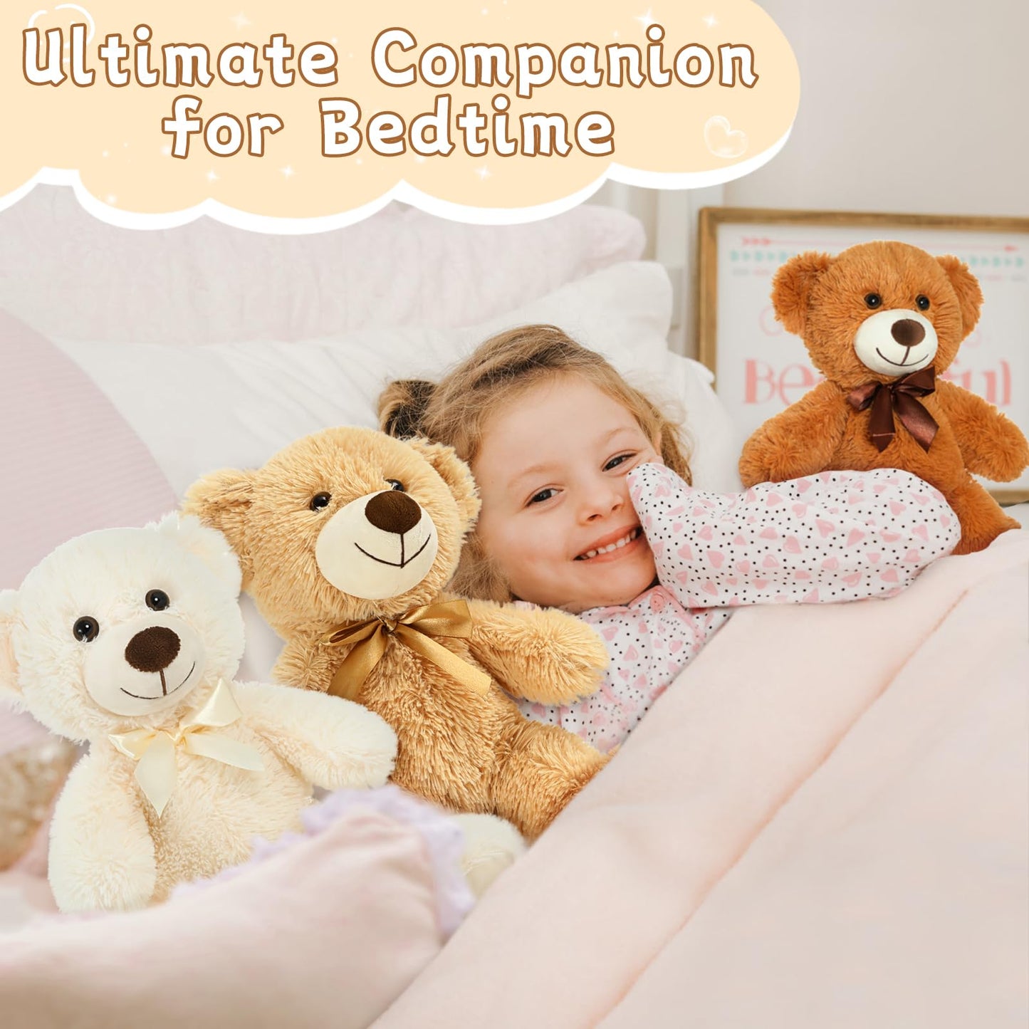 MorisMos 3 Pack 14" Teddy Bears, Cute Small Plush Stuffed Animals, Soft Little Bears for Kids, Baby Shower & Party Centerpieces