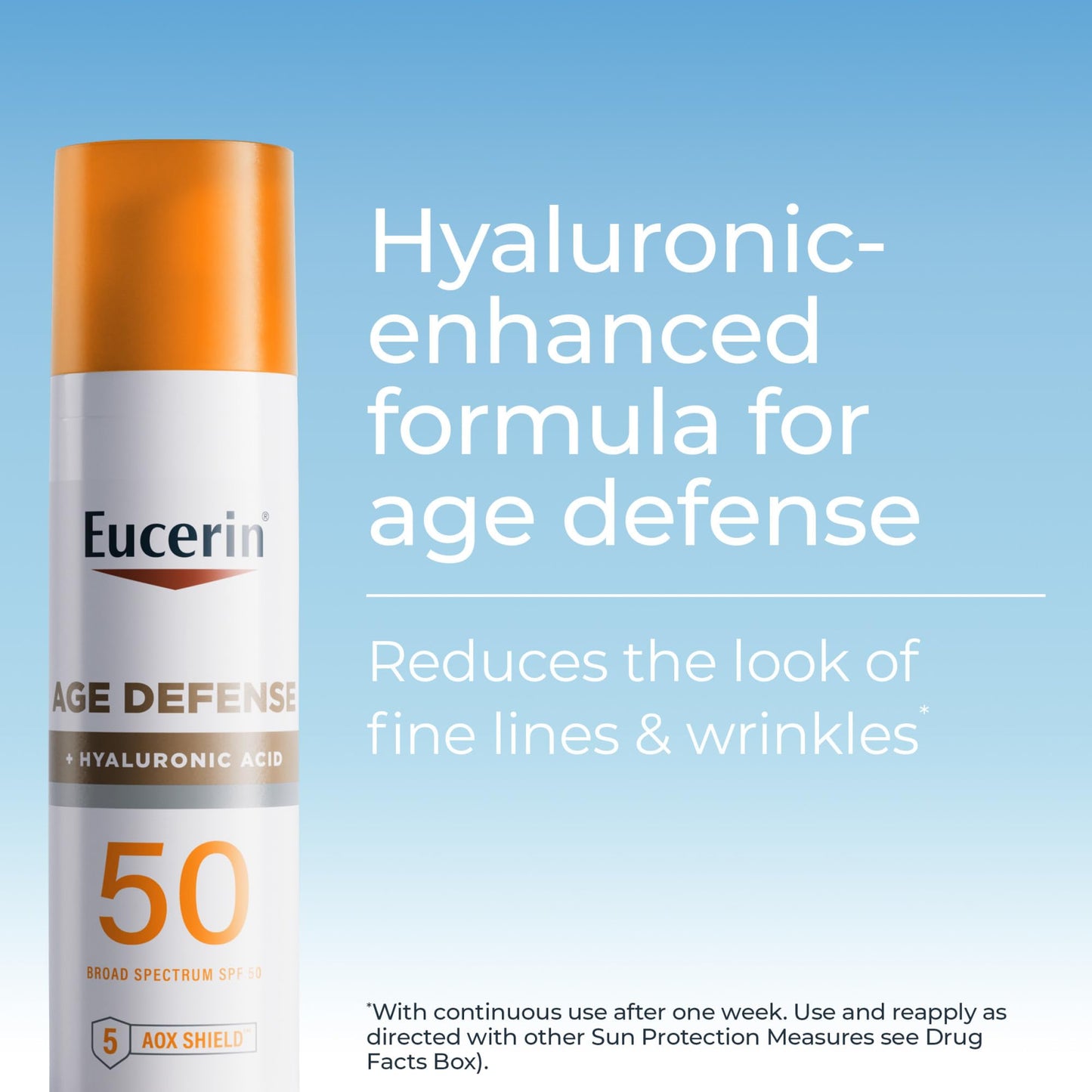 Eucerin Sun Age Defense Face Sunscreen SPF 50 with Hyaluronic Acid, Hypoallergenic, Non-Comedogenic, Fragrance & Oxybenzone Free, 2.5 fl oz