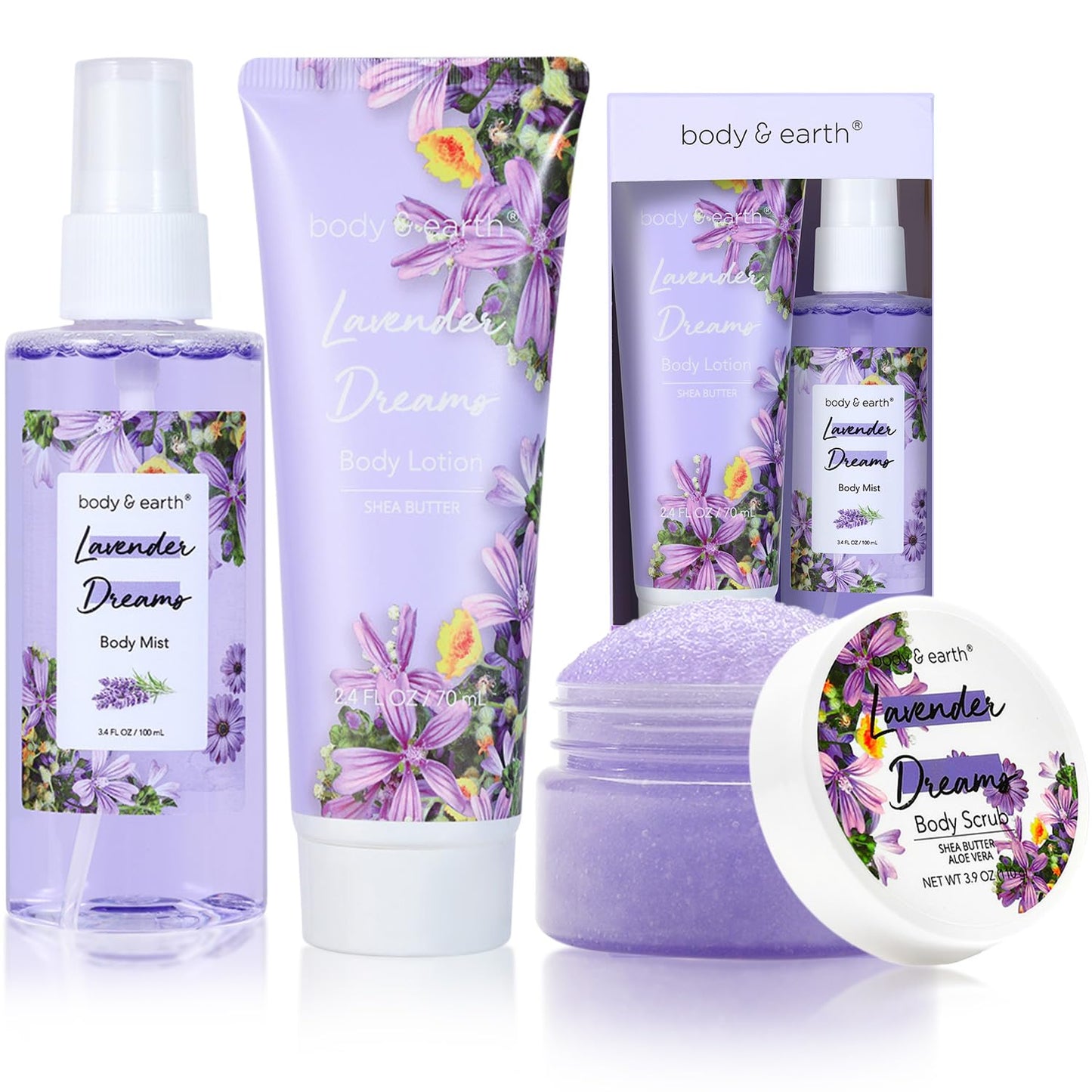 BODY & EARTH Lavender Dreams Body Mist Gift Set – Perfume, Lotion & Scrub Spa Set for Women, Perfect Birthday & Special Occasion Gift