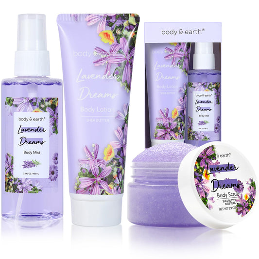 BODY & EARTH Lavender Dreams Body Mist Gift Set – Perfume, Lotion & Scrub Spa Set for Women, Perfect Birthday & Special Occasion Gift