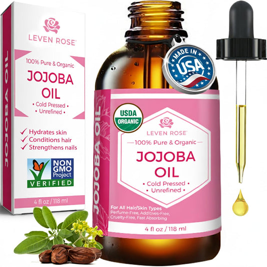 Leven Rose Jojoba Oil Organic, Pure Cold Pressed Natural Unrefined Moisturizer for Skin Hair and Nails 4 oz