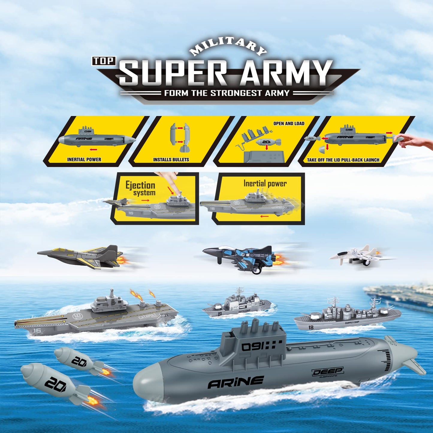WASAiKA Aircraft Carrier & Submarine Toy Set with Launching Fighter Jet & Torpedoes – Naval Army Playset for Kids Boys & Girls