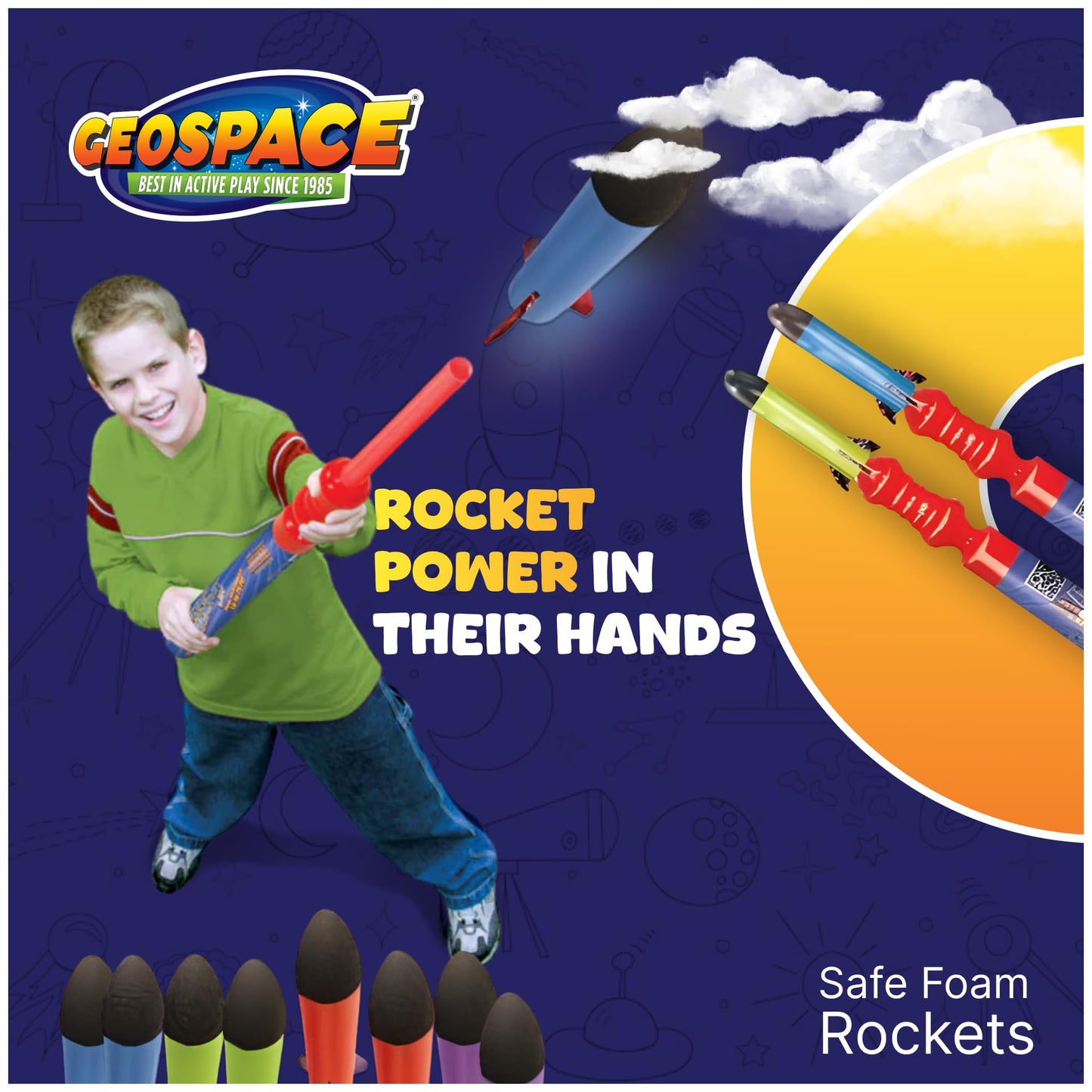 Geospace Handheld Pump Rocket Battle Pack – 2 Launchers & 10 Flying Foam Rockets, 19" Stomper Rocket Toy for Kids Boys & Girls