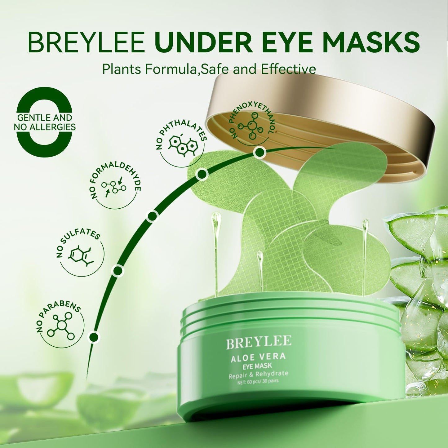 BREYLEE Aloe Vera Eye Masks 60 Pcs – Natural Under Eye Treatment for Dark Circles, Puffy Eyes, Fine Lines & Wrinkles, Firm & Hydrate Skin