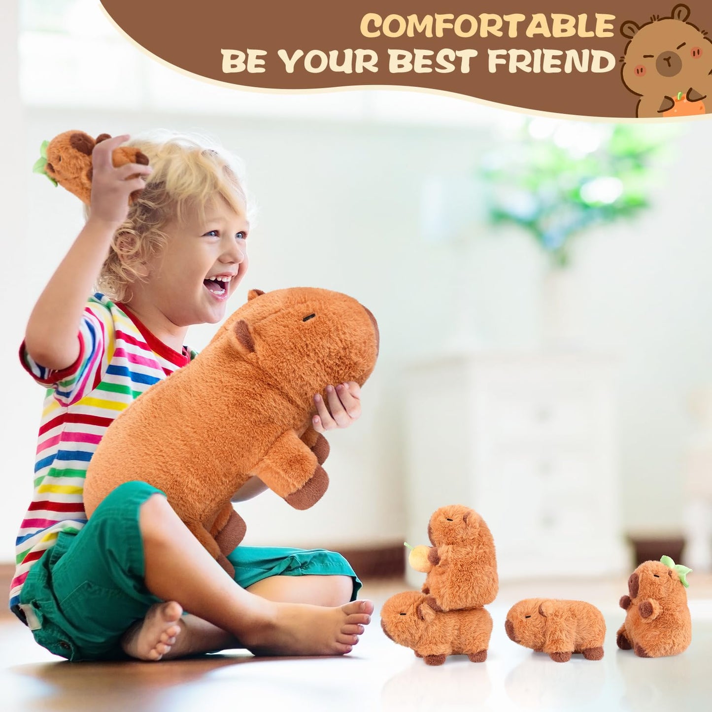 SuzziPals 5-in-1 Capybara Plush Set – Mommy Capybara with 4 Baby Stuffed Animals, Soft Pillow Plushies & Cute Gift for Girls Age 3-8