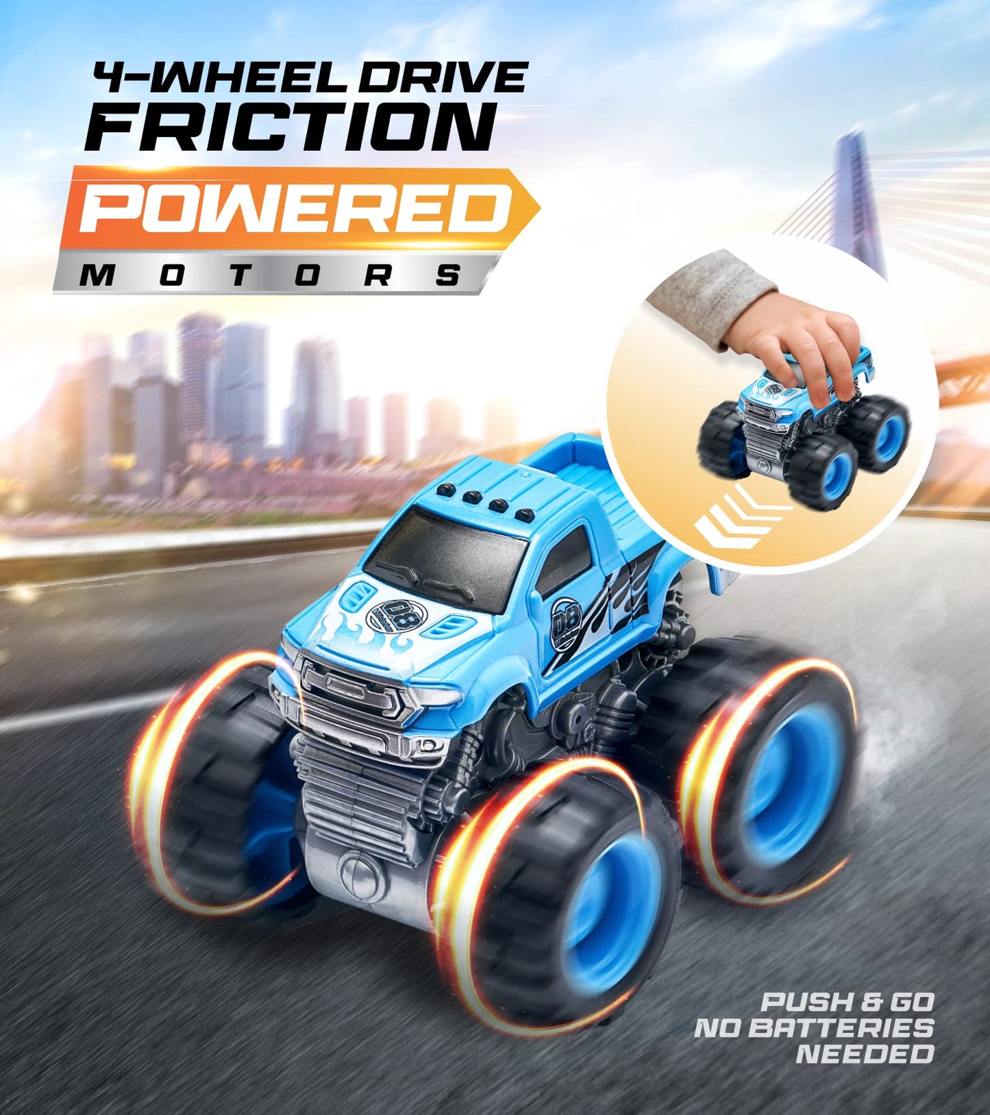 Team Power Monster Trucks 6-Pack – Friction Powered 4WD Toy Cars for Boys & Girls, Giant Wheels, 360° Stunts, Ages 3+ [Amazon Exclusive]