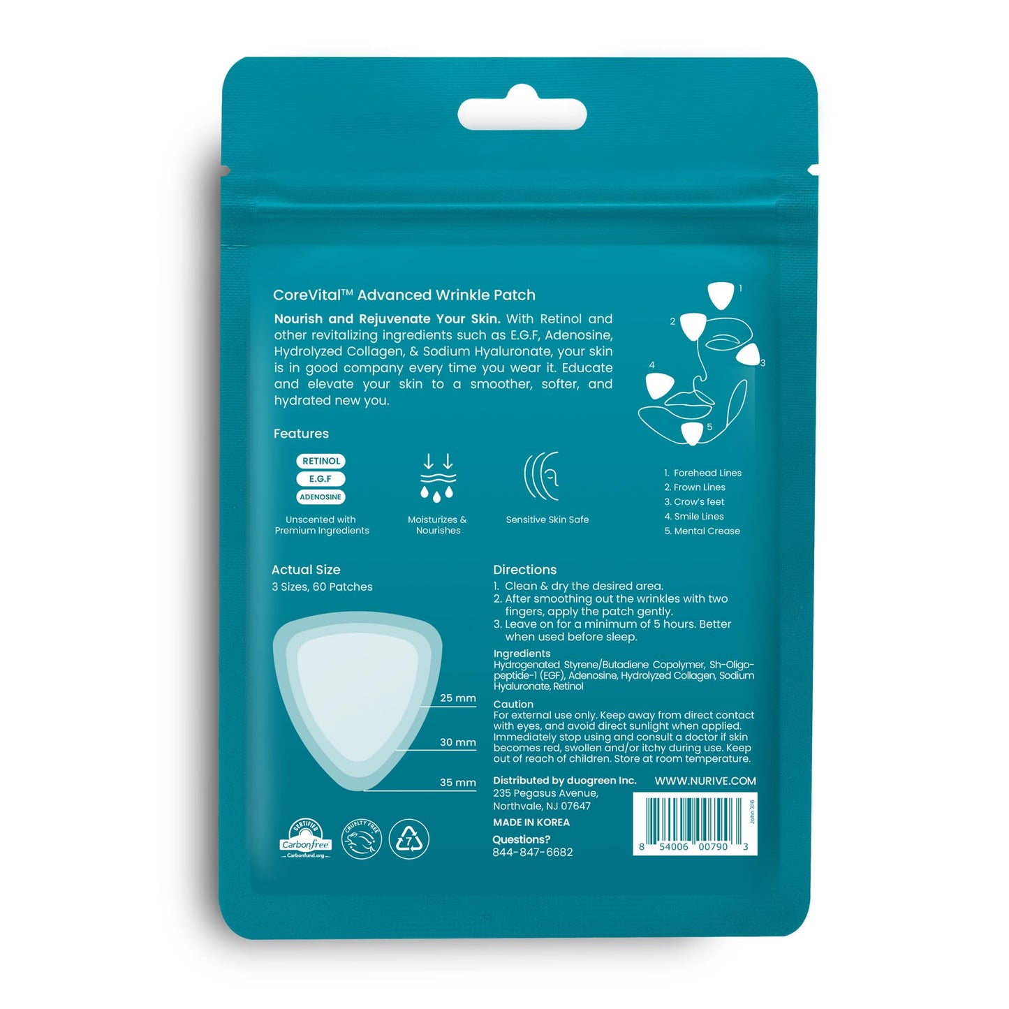 NURIVE Advanced Wrinkle Patches 60ct – Smile & Frown Line Face Wrinkle Tape, Invisible Overnight with Retinol & Collagen, Small