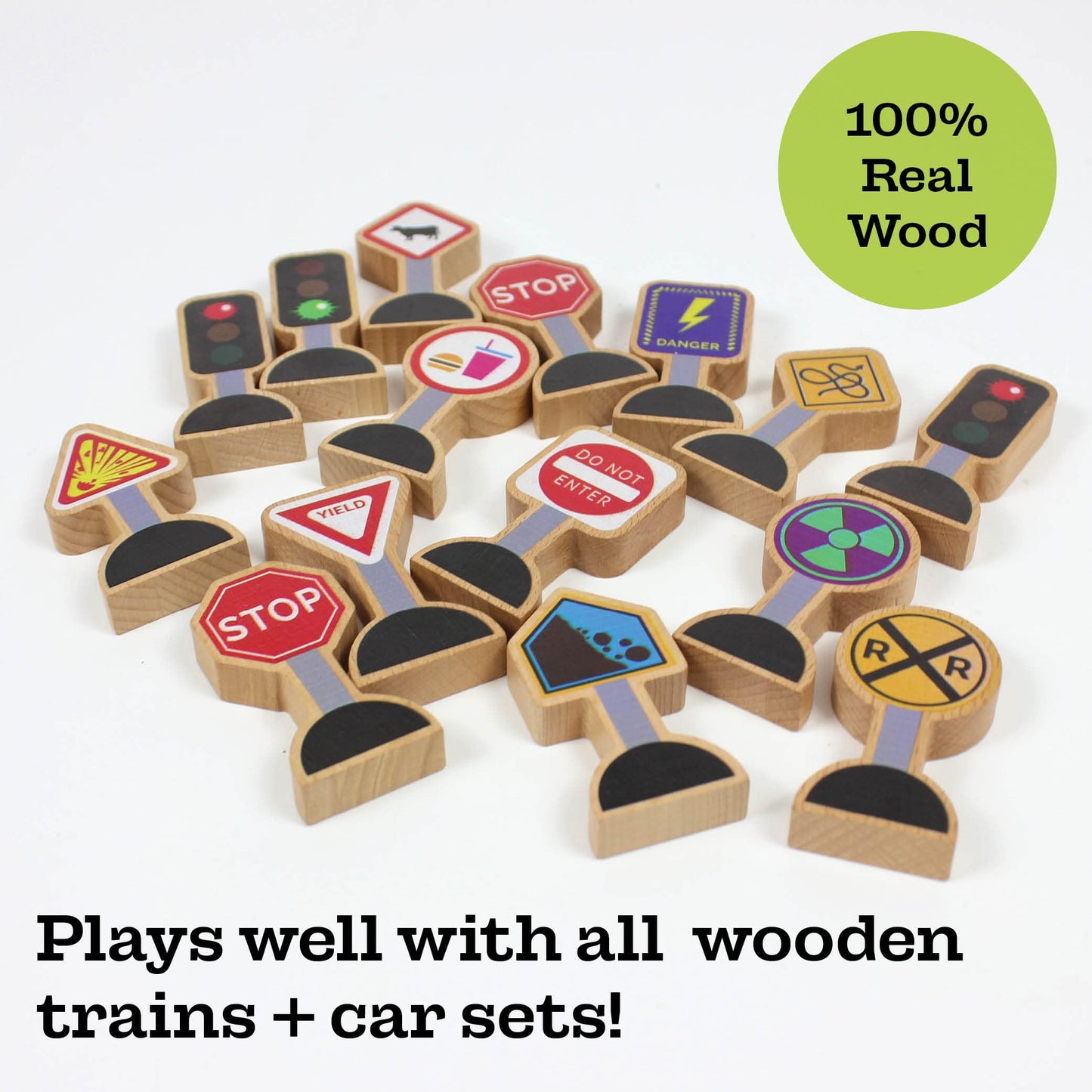 15-Piece Wooden Traffic Signs for Kids – Play Mats, Toy Cars & Trains, Educational Road Signs, Zany Trains Series 2
