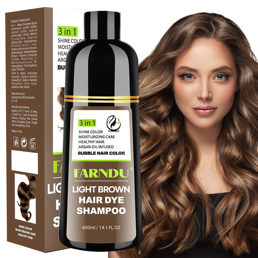 FARNDU 3-in-1 Light Brown Hair Dye Shampoo with Argan Oil – Covers Gray in 10-15 Min, Long-Lasting Natural Color for Men & Women, Up to 6 Months