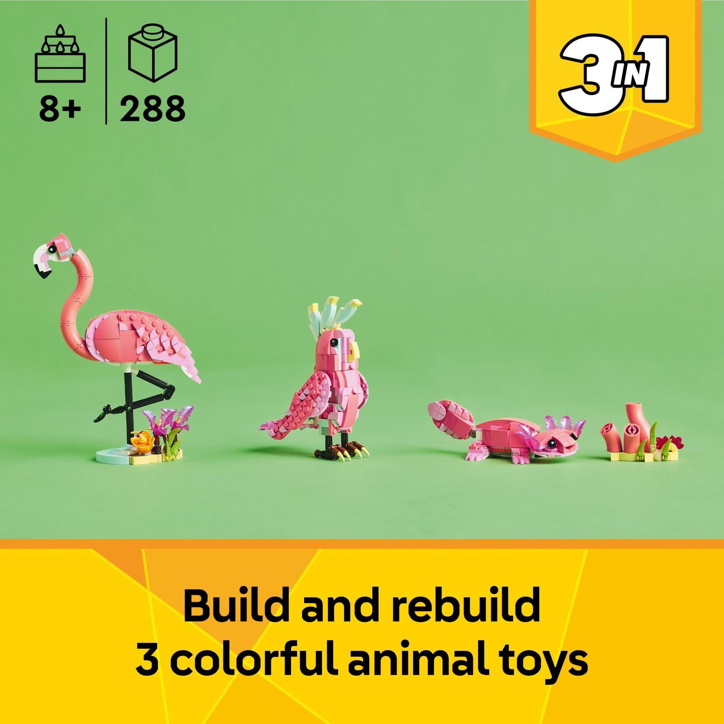 LEGO Creator 3-in-1 Wild Animals Building Set - Pink Flamingo, Cockatoo & Axolotl Toy for Kids 8+, Learning & Creative Play - 31170