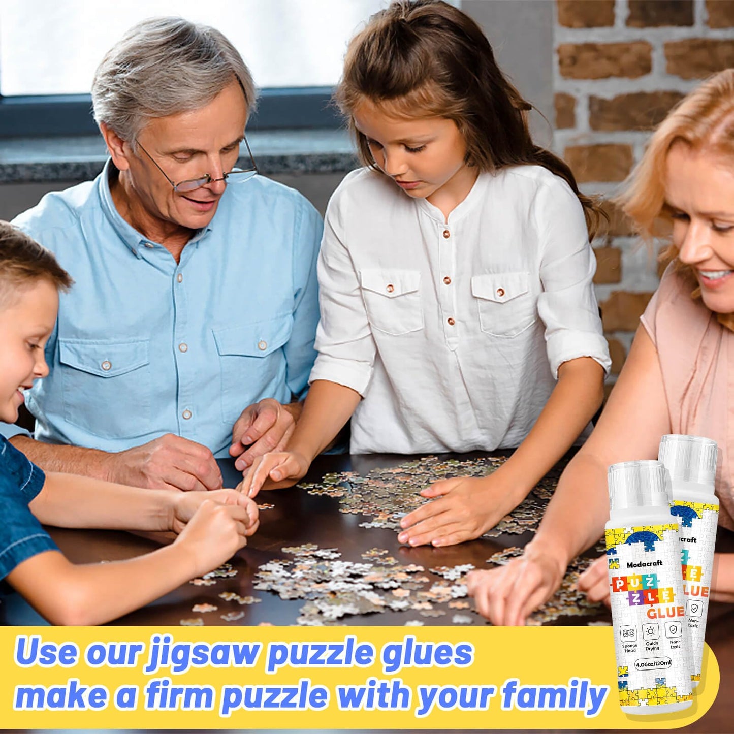 2-Pack 120ml Jigsaw Puzzle Glue with Sponge Head – Clear, Water-Soluble, Quick-Dry Adhesive for 1000-5000 Piece Paper & Wood Puzzles (240ml Total)