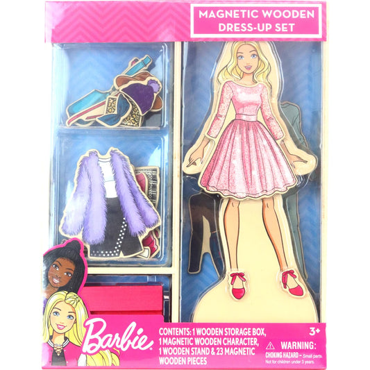Barbie Magnetic Wooden Dress-Up Set – Wooden Doll with Mix & Match Outfits, Storage Box, Educational Pretend Play Toy for Girls 3+