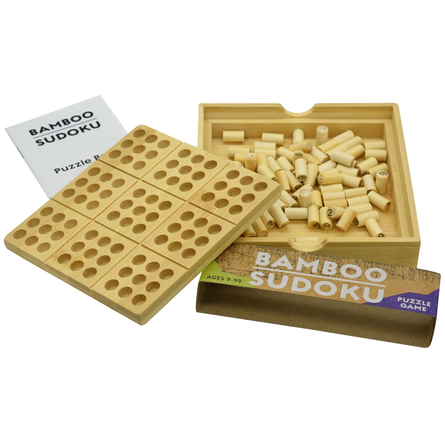Project Genius Ecologicals Bamboo Sudoku – Eco-Friendly Puzzle Set with Numbered Pegs & 30-Puzzle Sudoku Booklet, Bamboo Game for Kids & Adults