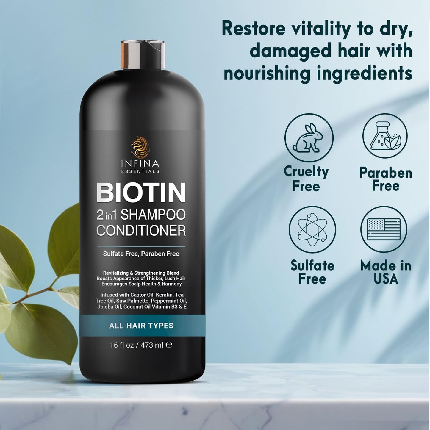 INFINA ESSENTIALS Biotin 2-in-1 Shampoo & Conditioner | Thickening & Strengthening for Men & Women | With Saw Palmetto, Keratin & Caffeine | 16 fl oz
