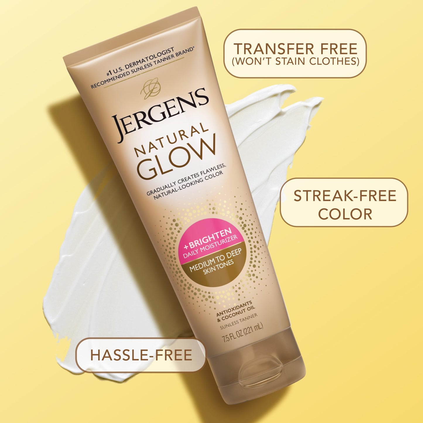 Jergens Natural Glow Self-Tanner Lotion – Sunless Tanning for Medium to Deep Skin, Daily Moisturizer with Coconut Oil, Vitamin E & Antioxidants, 7.5 oz