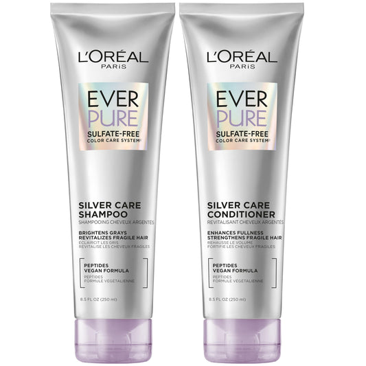 L'Oreal Paris EverPure Silver Care Sulfate Free Shampoo and Conditioner Set, Nourishing Vegan Formula with Peptides for Brightening Gray Hair, 1 Kit