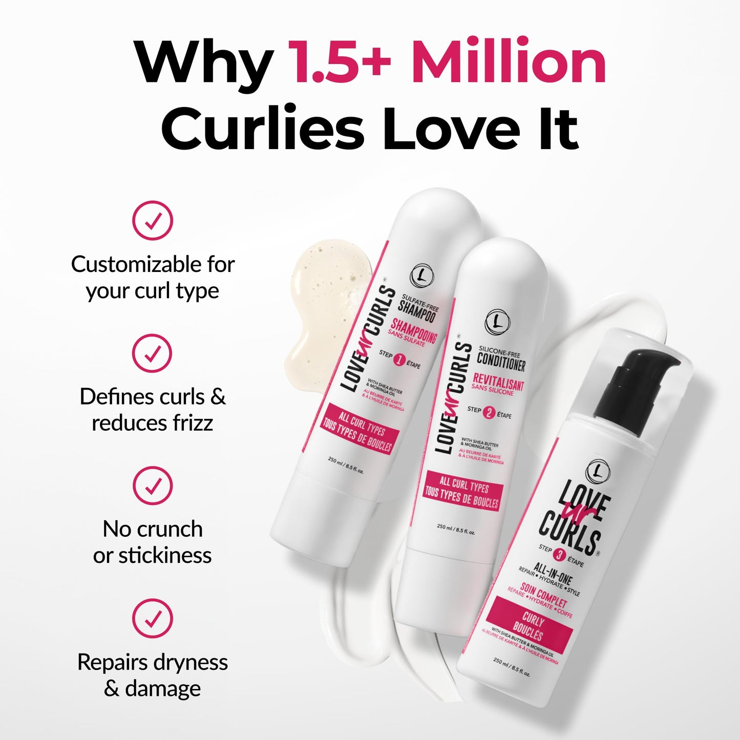Love Ur Curls - Shampoo & Conditioner Set with All in One Curl Cream Styler for Curly Hair, 3 Step System for Repair and Moisturizing