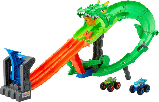Hot Wheels Toy Monster Trucks, Sharks vs. Dinos Dragon Destruction Playset with 1:64 Scale Great Bite & Rageasaur, Race to Defeat The Cyborg Nemesis