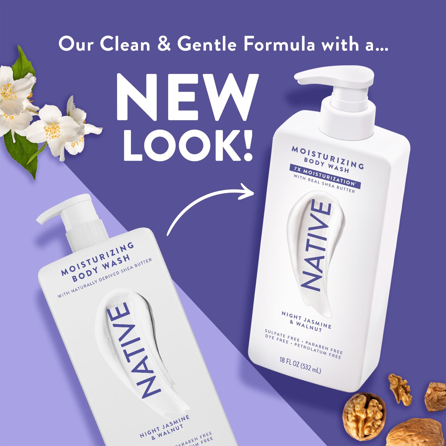 Native Night Jasmine & Walnut Moisturizing Body Wash, 18 oz – Sulfate, Paraben & Dye Free, Softens & Hydrates Skin for Men & Women