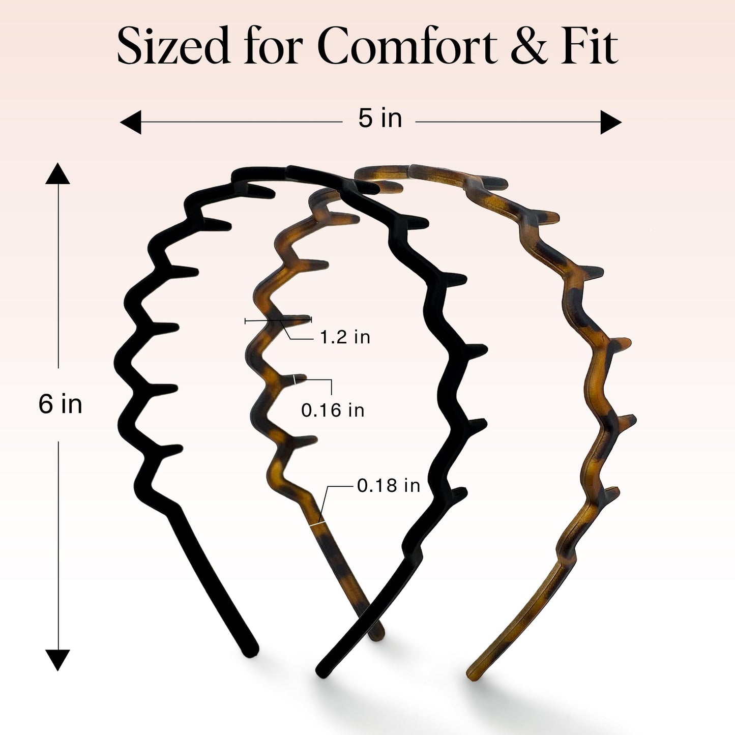 Kitsch Zig Zag Headbands for Women – Non-Slip Comb Headbands for Slicked Back Styles, Comfortable & Stylish, Tortoise & Black, 2 Pack