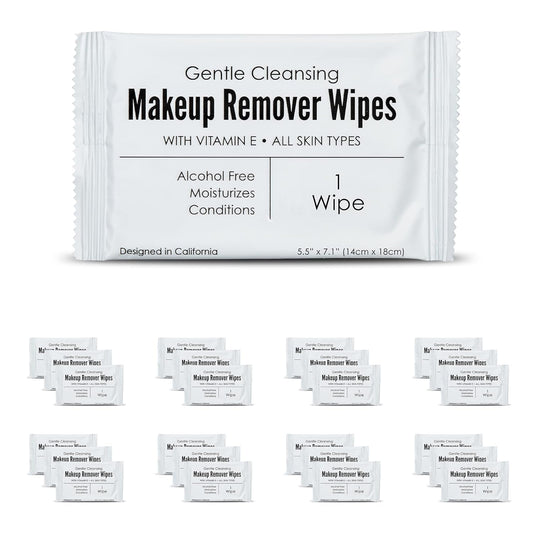 World Amenities Bulk Makeup Remover Wipes, 50 Individually Wrapped, Alcohol-Free, Gentle Cleansing, Vitamin E, Travel Size, Recyclable