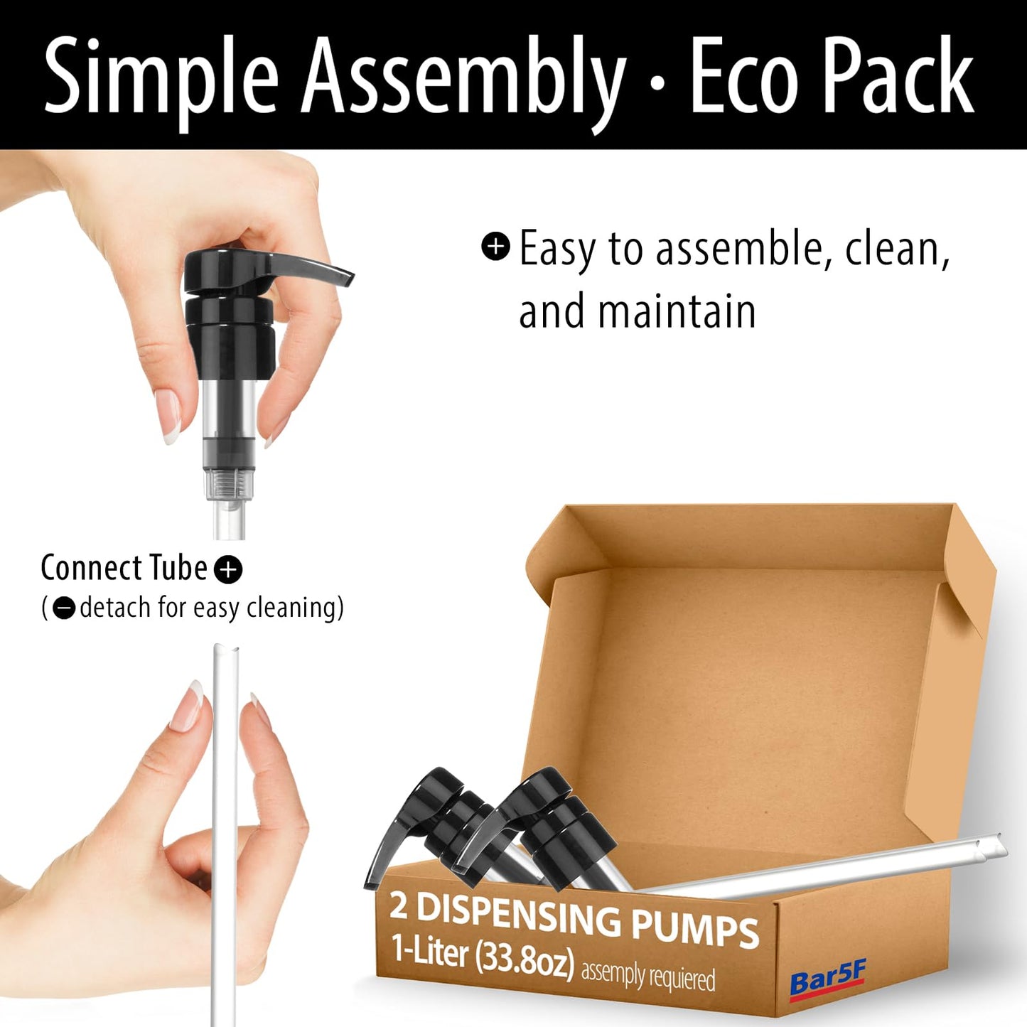 Bar5F Pump for 33.8-Oz Shampoo and Conditioner Liter Bottles (Fits 1" inch Bottle Neck 28/410) 2-Pack