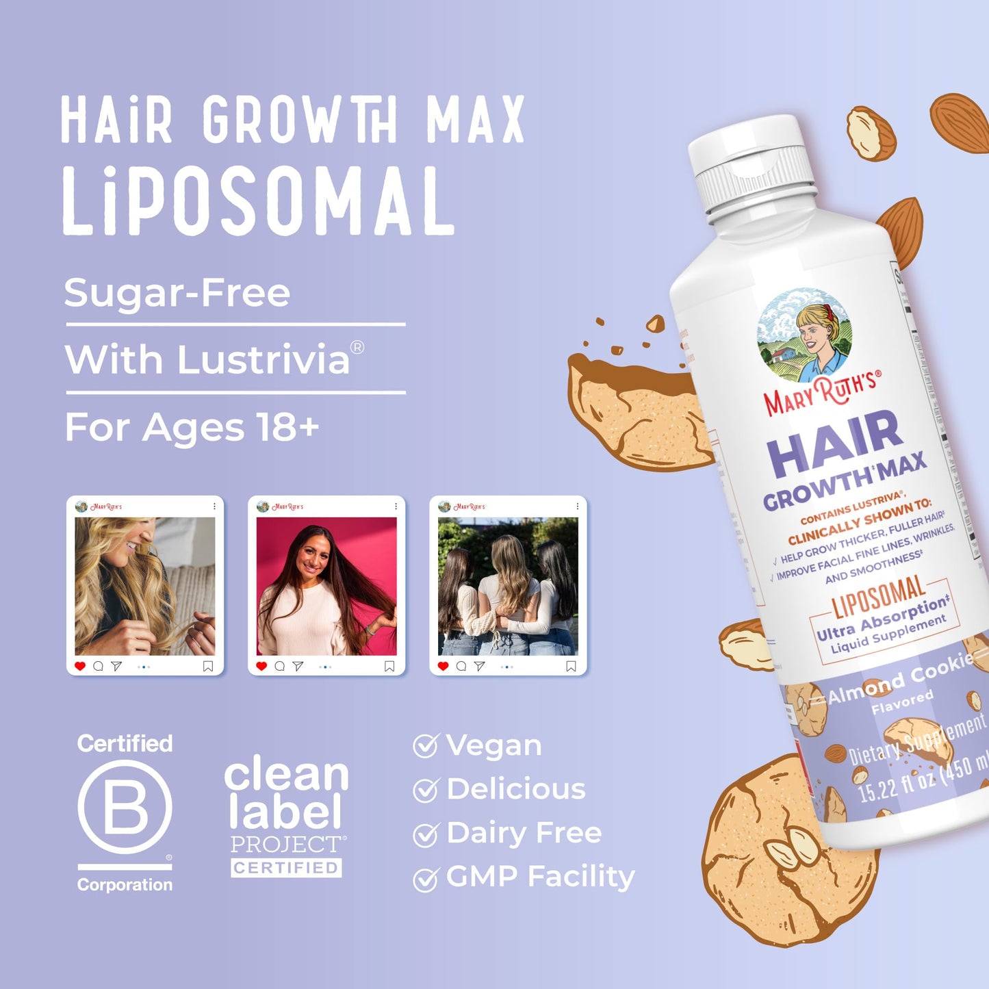 MaryRuth Organics Women’s Hair Growth MAX Liposomal | Lustriva®, Biotin 10000mcg & Pumpkin Seed Oil | Supports Thicker Hair, Skin & Fine Lines | 15.22 Fl Oz