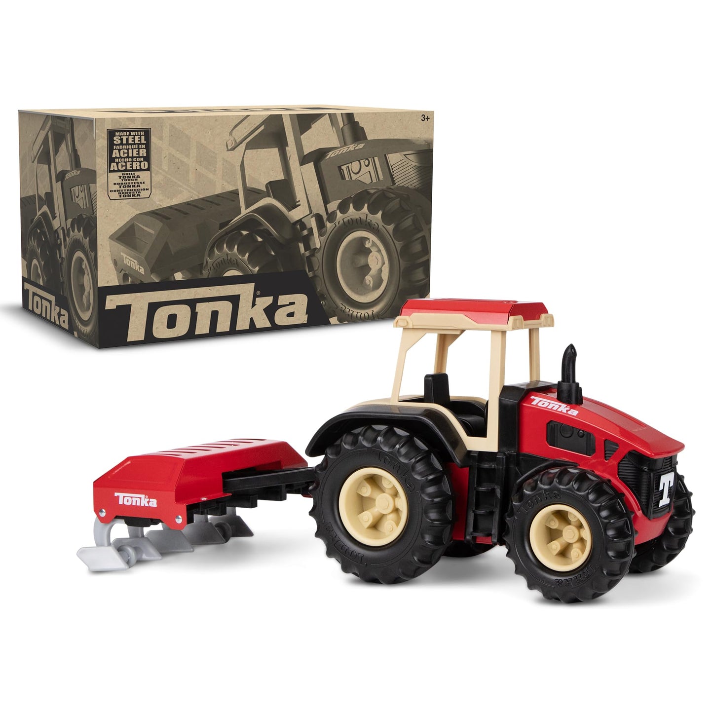Tonka Steel Classics Farm Tractor & Plow – Red Steel & Plastic Toy Truck for Toddlers 3+, Boys & Girls, Birthday & Holiday Gift