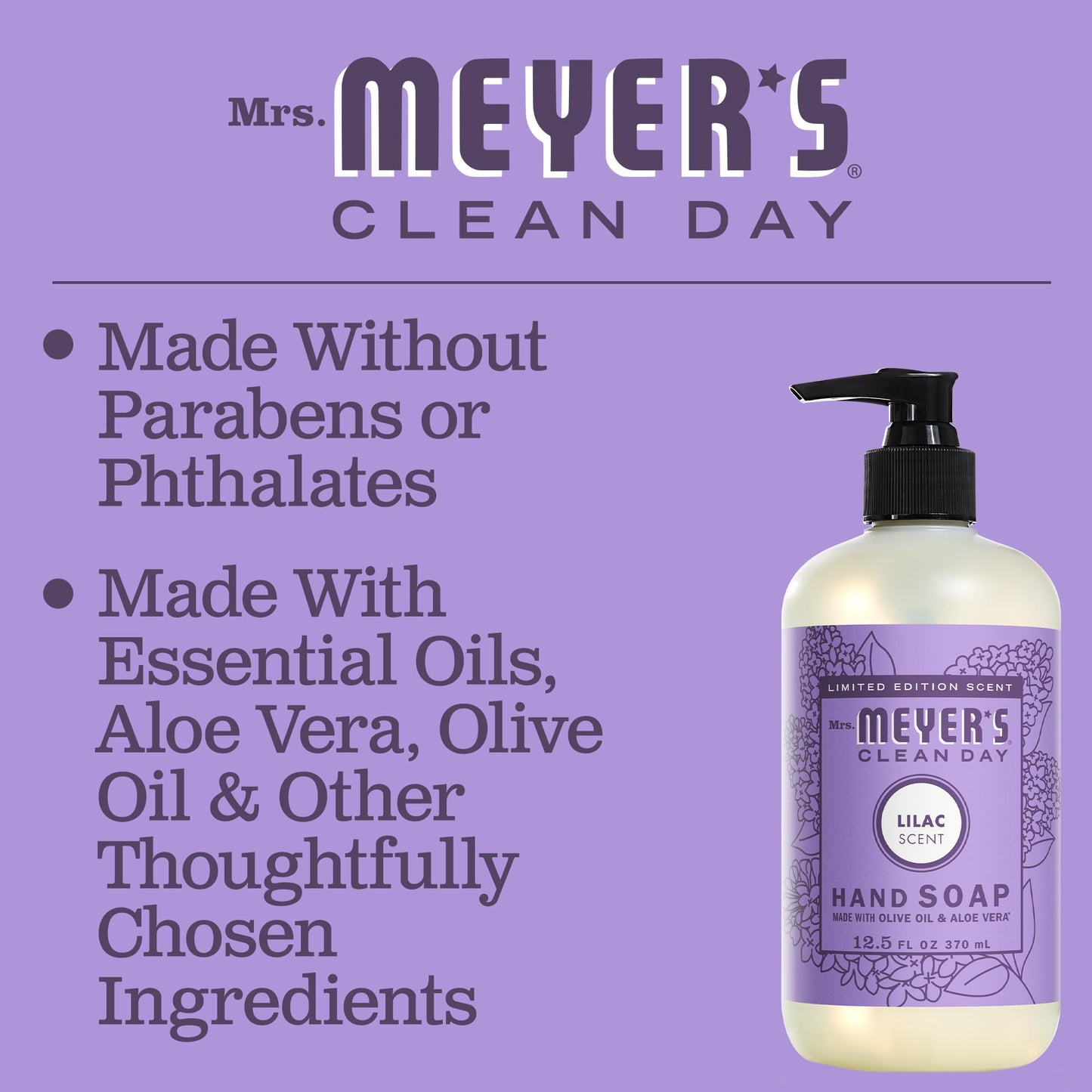 MRS. MEYER'S CLEAN DAY Hand Soap, Made with Essential Oils, Biodegradable Formula, Lilac, 12.5 fl. oz