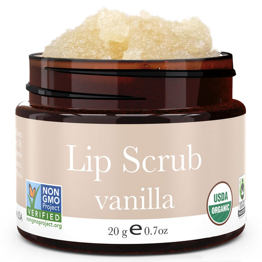 USDA Organic Vanilla Lip Scrub – Moisturizing Sugar Exfoliator for Dry Lips, Smooth Lips, Natural Ingredients, USA Made, Gift Size