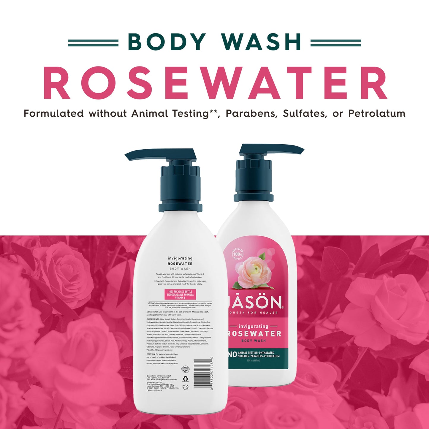 JASON Rosewater Invigorating Body Wash, For a Gentle Feeling Clean, 30 Fluid Ounces