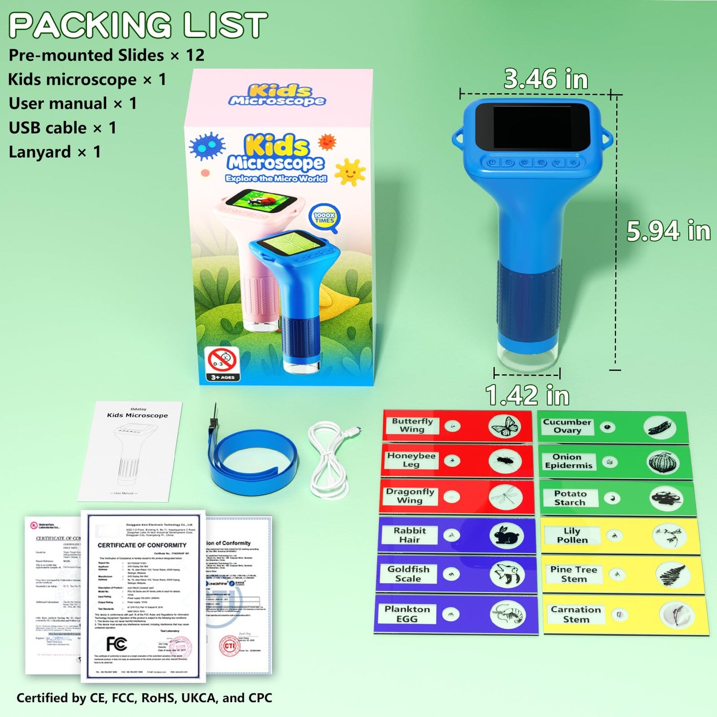 Odatay Kids Microscope 100X-1000X, 1080P Digital Handheld with 12 Slides, Mini Portable Science Toy Gift for Ages 3-12, Blue