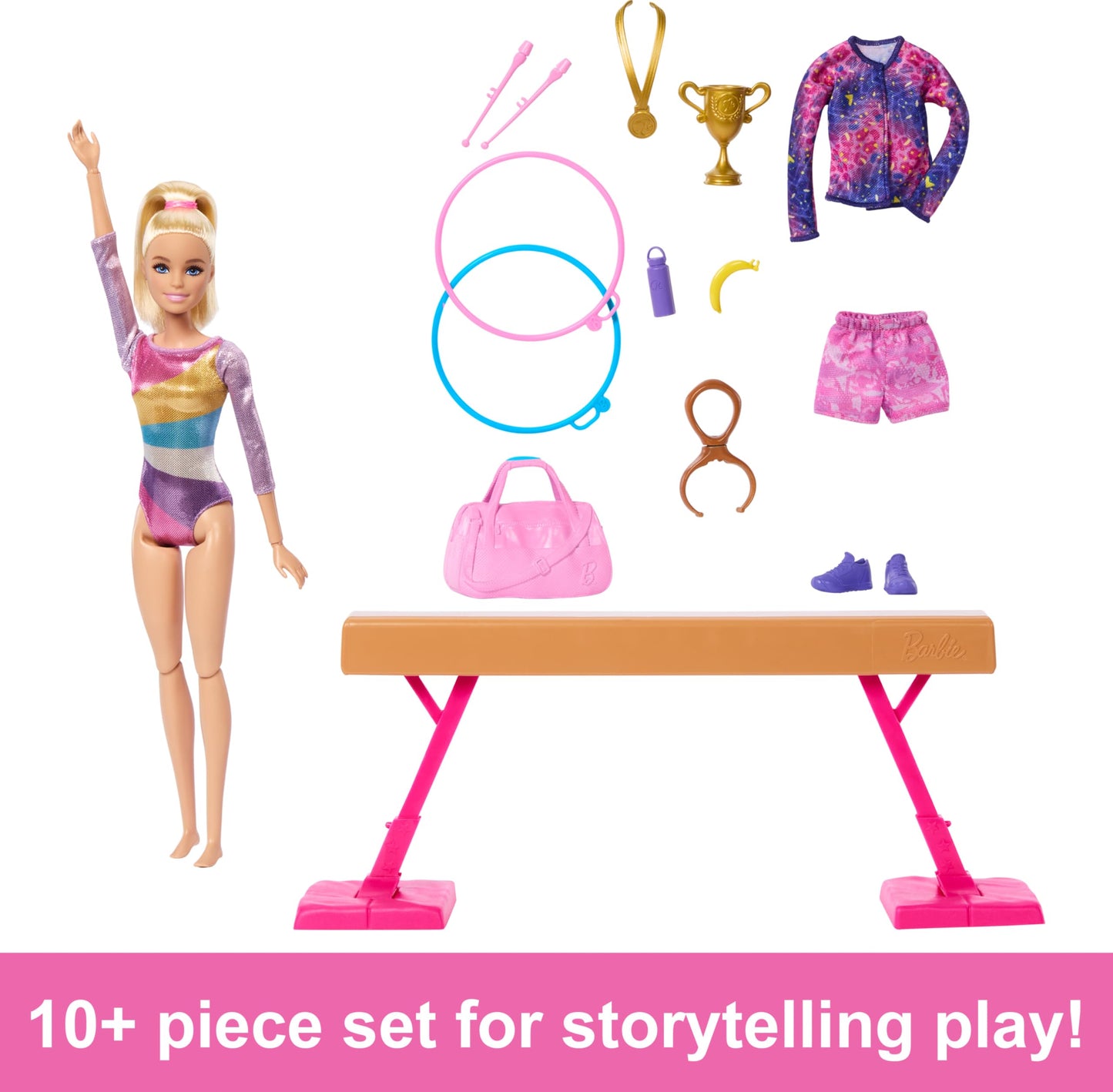 Barbie Gymnastics Doll & Accessories, Playset with Blonde Fashion Doll, C-Clip for Flipping Action, Balance Beam, Warm-Up Suit & More