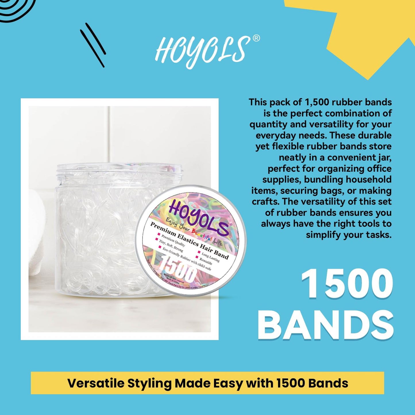 HOYOLS 1500pcs Clear Elastic Hair Bands – Mini 1 Inch TPU Ponytail Holders for Kids & Girls, No Crease, No Damage, Gentle Hair Ties