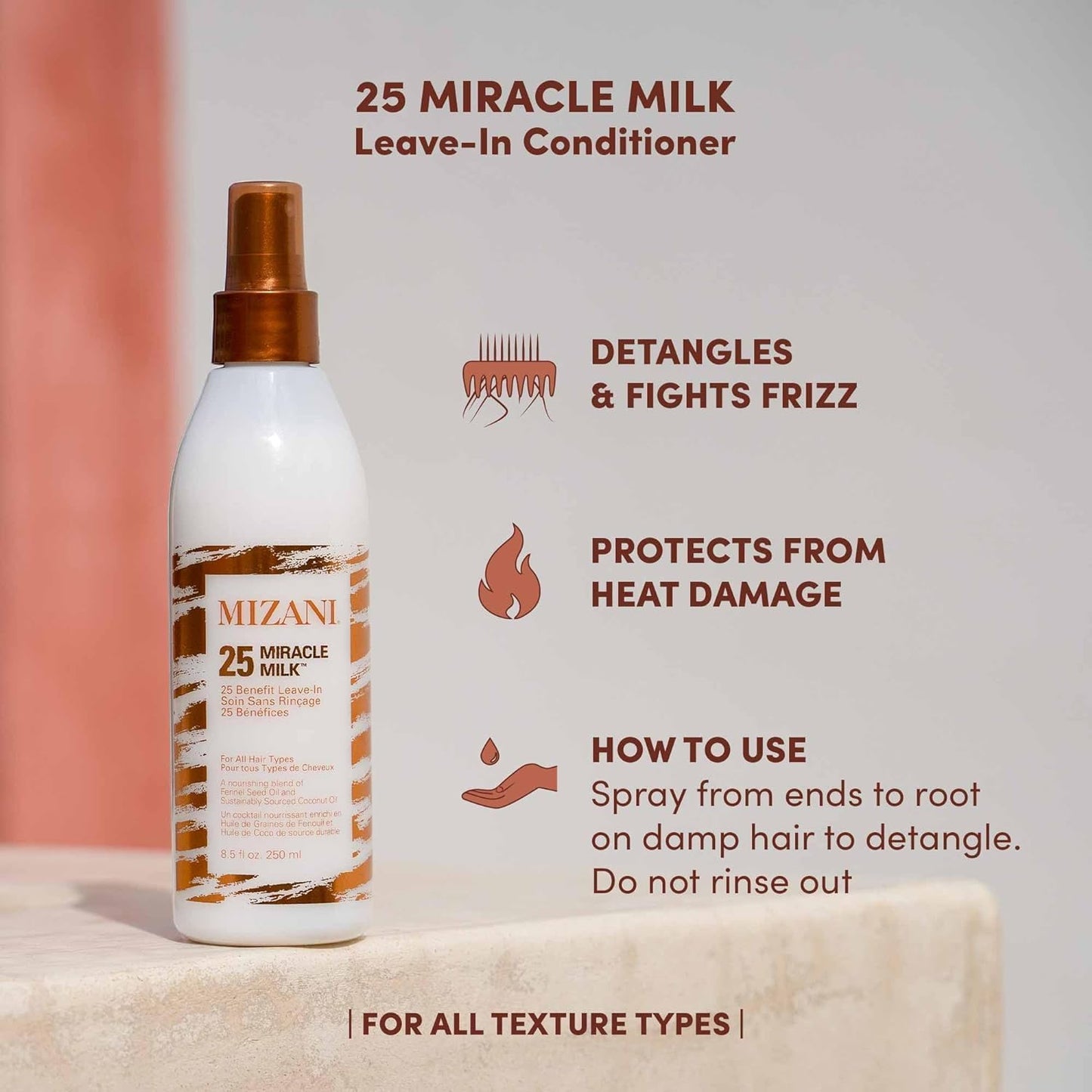 Mizani 25 Miracle Milk Leave-In Conditioner Spray – Anti-Frizz Detangler & Heat Protectant with Coconut Oil for Curly, Dry or Frizzy Hair, 8.6 Fl Oz