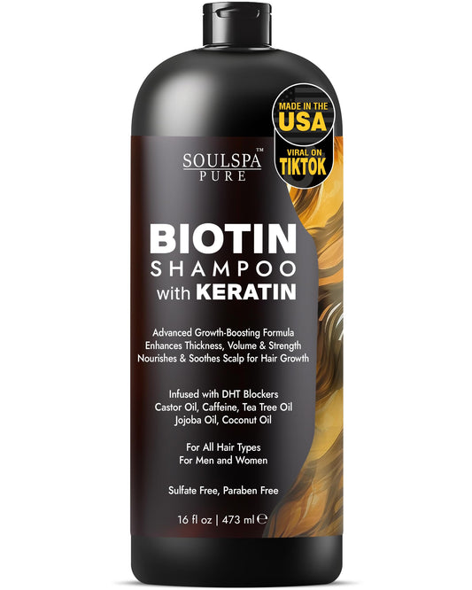 SOULSPA PURE Biotin & Keratin Shampoo – Anti-Thinning Hair Growth & Repair Formula with Tea Tree Oil & DHT Blockers – For Strong, Healthy Hair – 16 fl oz