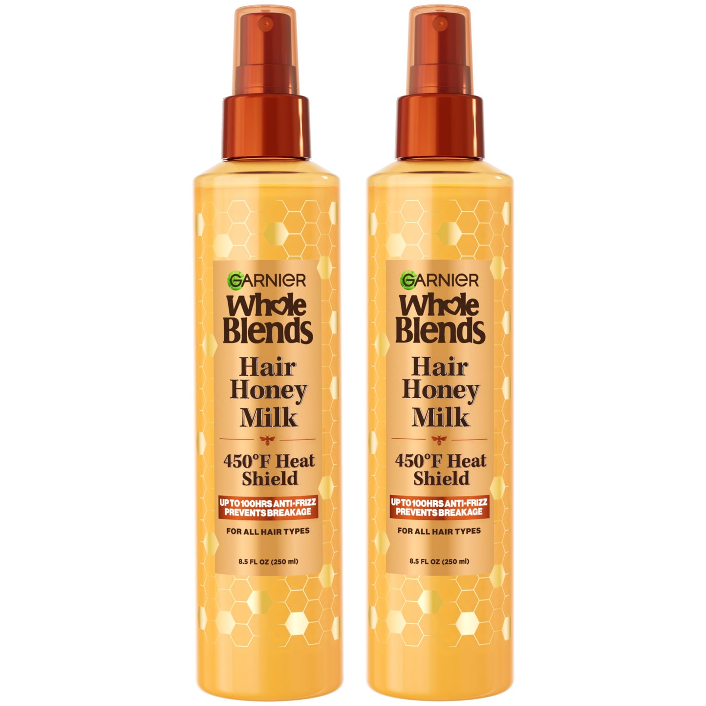 Garnier Whole Blends Hair Honey Milk 450F Heat Protectant Spray, For All Hair Types With Up To 100 Hrs of Frizz Control, 8.5 Fl Oz, 2 Count