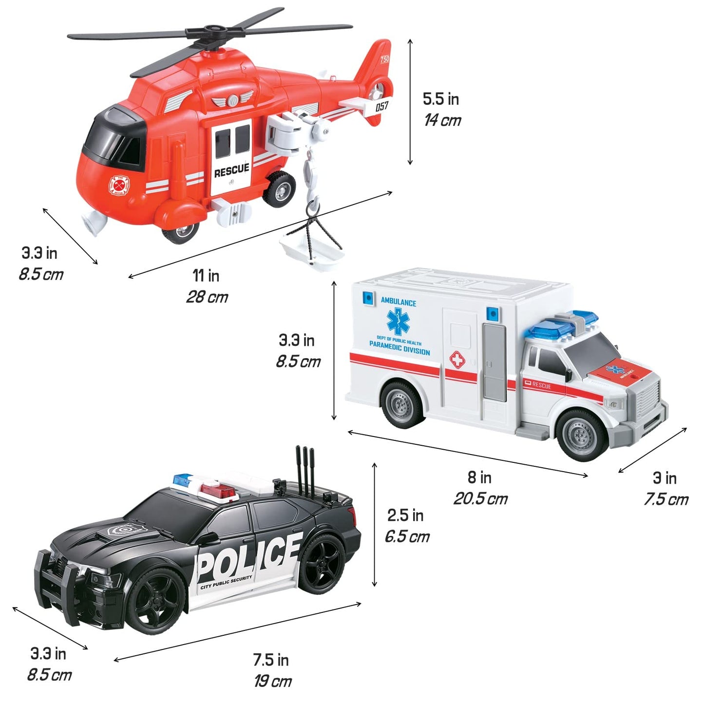 Vokodo 3-Pack City Guardians Friction Vehicles Toy Set – Fire Rescue Helicopter, Police Car & Ambulance Truck for Kids Ages 3-6