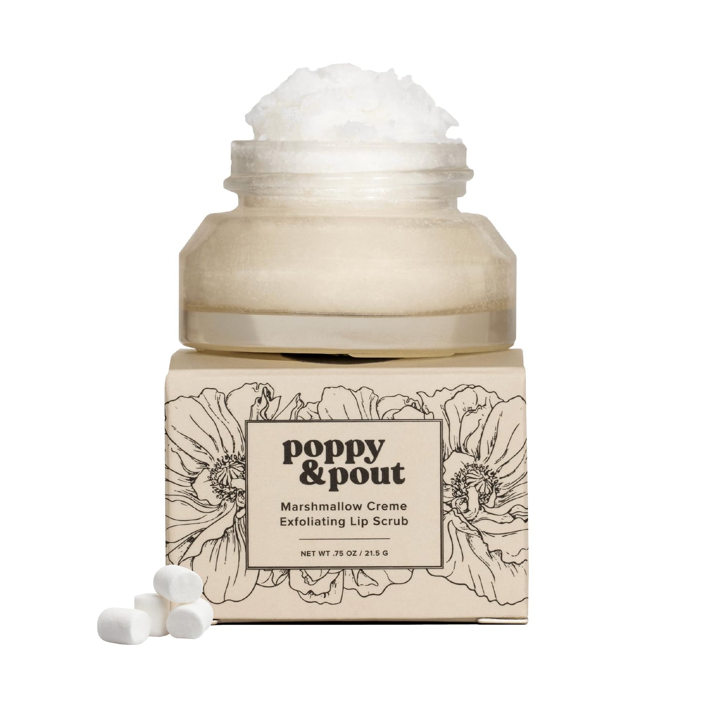 Poppy & Pout Marshmallow Creme Lip Scrub – Natural, Moisturizing Sugar Exfoliator with Essential Oils, Smooths & Hydrates, Cruelty-Free