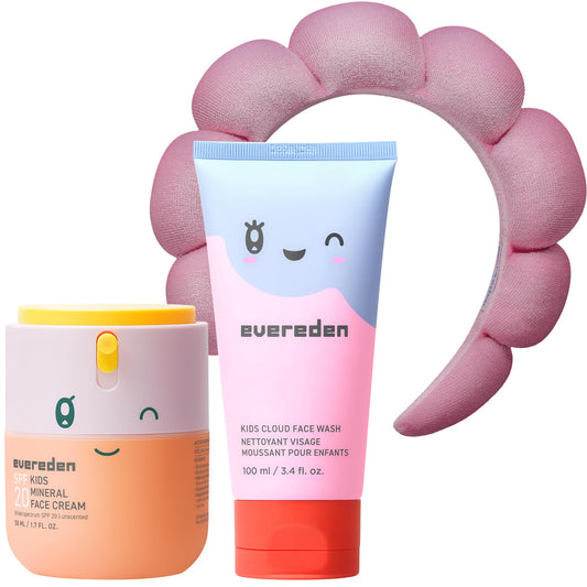 Happy Morning DUO Kids Spa Headband Set for Girls – Clean, Vegan Skincare Bundle with Cloud Face Wash & SPF 20 Mineral Face Cream, Non-Toxic & Easy-to-Use